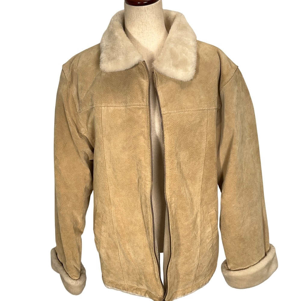 Adler Collection Jacket Women Large‎ Tan Beige Zip Suede Faux Fur Retro Revival